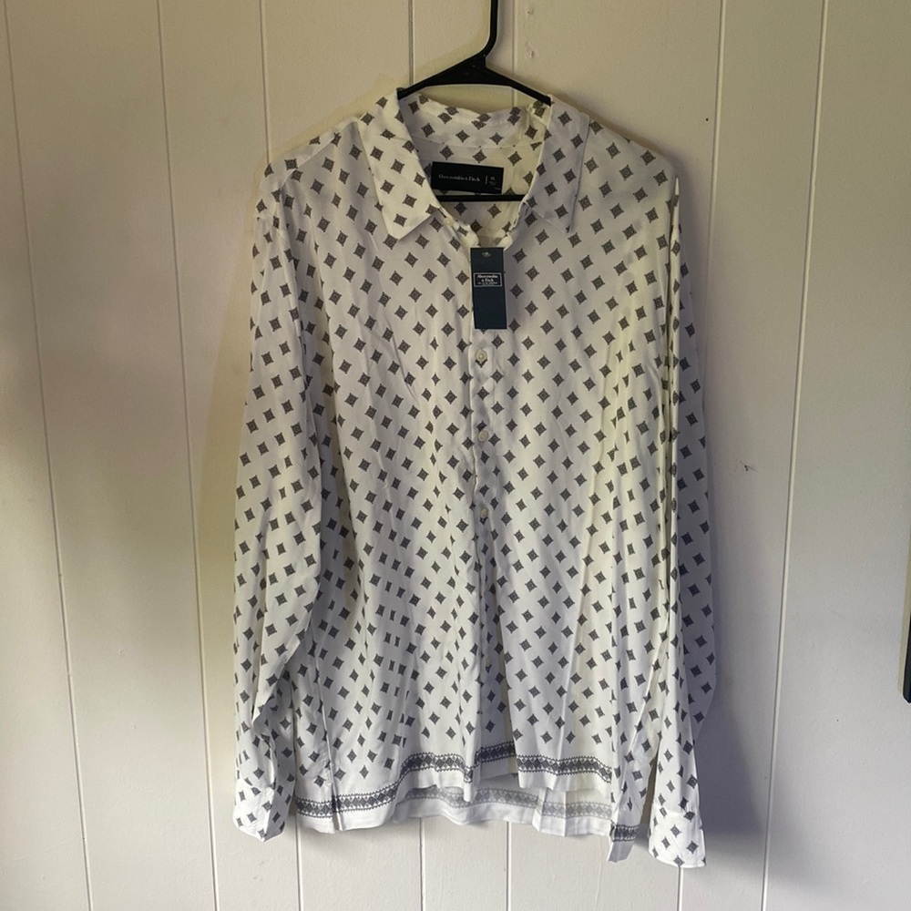 White and black patterned long sleeve button down from A&F.